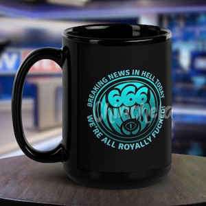 666 News / Hellaverse - Taza negra brillante de 15 oz
