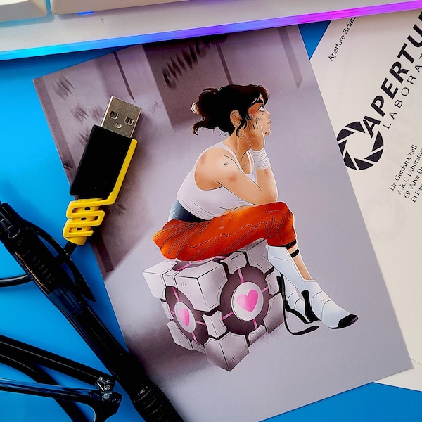 Chell - Portal - 4"x 6" Postcard Print - Valve - Video Games - Aperture Science Handheld Portal Device - Companion Cube - Glados - Cake