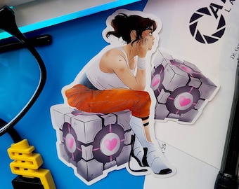 Chell - Portal - 3.5" Vinyl Sticker - Valve - Video Games - Aperture Science Handheld Portal Device - Companion Cube - Glados - Cake