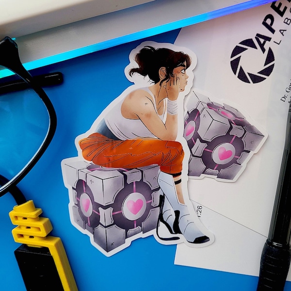 Chell - Portal - 3.5" Vinyl Sticker - Valve - Video Games - Aperture Science Handheld Portal Device - Companion Cube - Glados - Cake