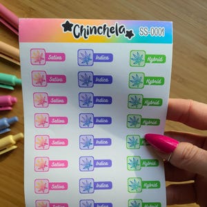 A sticker sheet consisting of 24 label stickers that read "INDICA, SATIVA and HYBRID"