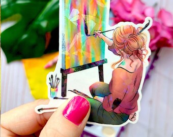 The Painter - Holographic Waterproof Vinyl Stickers - Laptop Decal - Feminism -Painting Canvas - Anti-Ai - Support Living Artists - Hobby