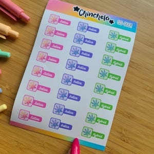 A sticker sheet consisting of 24 label stickers that read "INDICA, SATIVA and HYBRID"