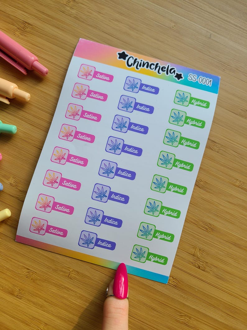 A sticker sheet consisting of 24 label stickers that read "INDICA, SATIVA and HYBRID"