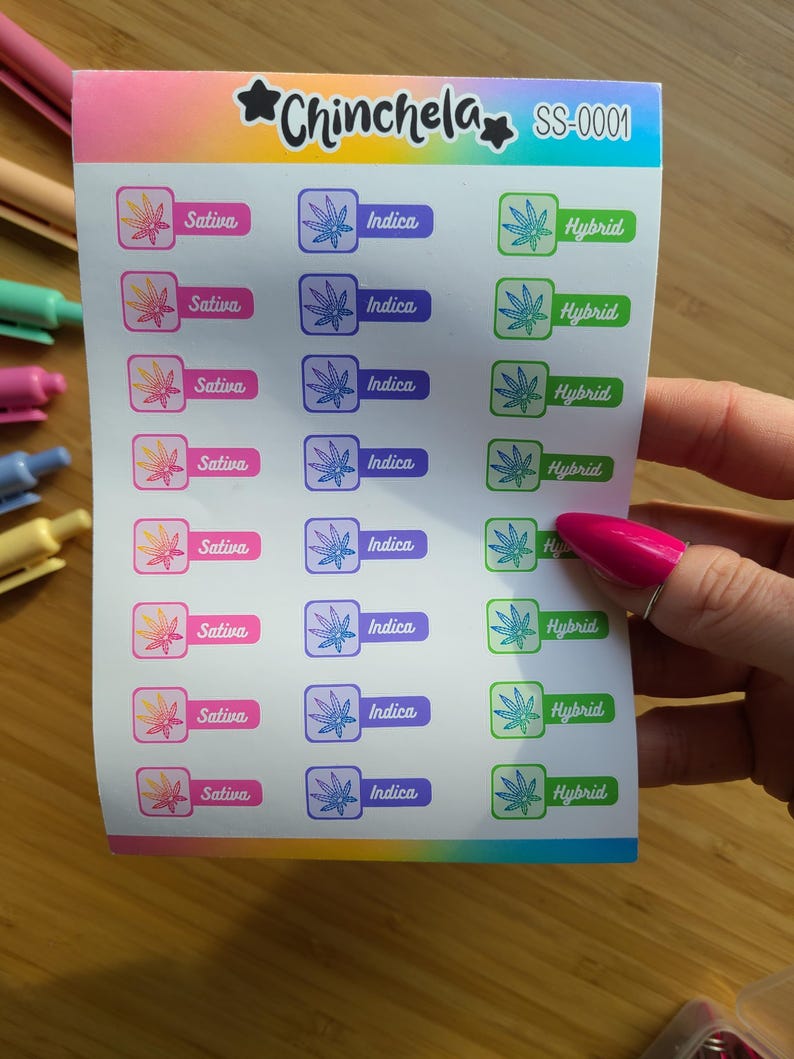A sticker sheet consisting of 24 label stickers that read "INDICA, SATIVA and HYBRID"