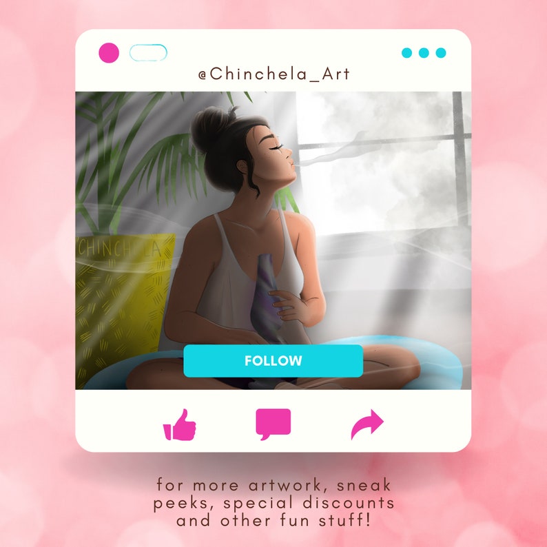 May include: A digital illustration of a woman sitting in a room with a window, holding a purple glass pipe and blowing out smoke. The text "@Chinchela_Art" and "FOLLOW" are visible in the image.