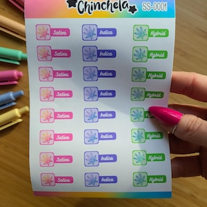 A sticker sheet consisting of 24 label stickers that read "INDICA, SATIVA and HYBRID"