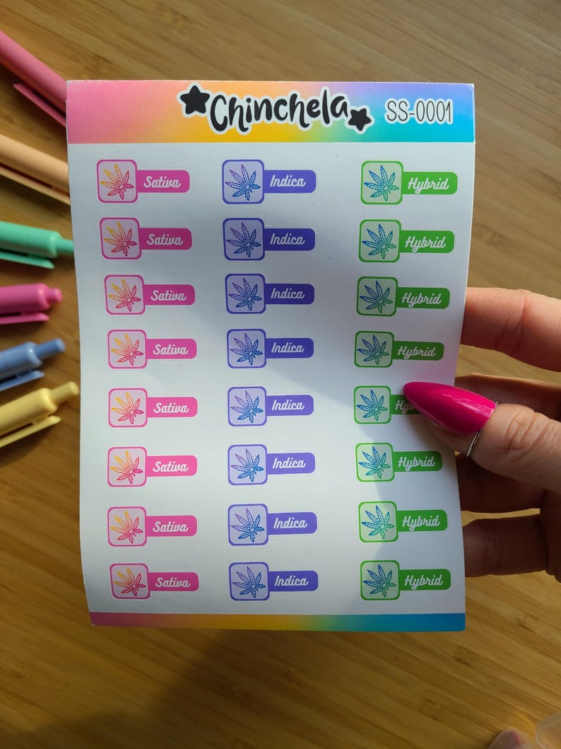 A sticker sheet consisting of 24 label stickers that read "INDICA, SATIVA and HYBRID"