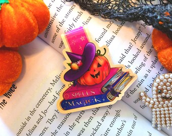 Jack-o-Stack - Magia - Marcapáginas magnético plegable - Escalofriante y adorable - Lectura - Regalos para amantes de los libros - Halloween - Calabaza - Libros de hechizos - Otoño