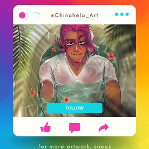 May include: A digital illustration of a person with pink hair sitting in a pool of water. The person is wearing a white t-shirt with the word "FOLLOW" on a blue button. The background is a tropical scene with palm trees and flowers.