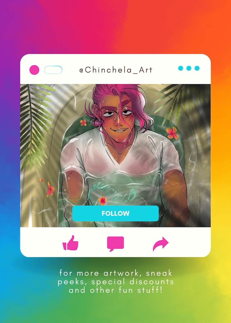 May include: A digital illustration of a person with pink hair sitting in a pool of water. The person is wearing a white t-shirt with the word "FOLLOW" on a blue button. The background is a tropical scene with palm trees and flowers.