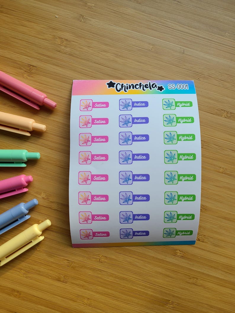 A sticker sheet consisting of 24 label stickers that read "INDICA, SATIVA and HYBRID"