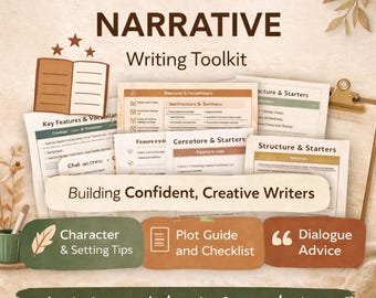 Kit de ferramentas para escrita narrativa do 5º ano | Folhas de atividades para criação de histórias, vocabulário, lista de verificação (PDF)