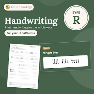 May include: A digital educational resource titled Little Knowlings Handwriting featuring print handwriting exercises for the whole year. The document includes a worksheet with straight line patterns and letters, plus a Week 1 slide showing llll iiii tttt.