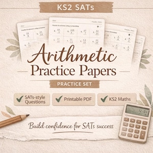 Może przedstawiać: Obraz edukacyjny z ćwiczeniami arytmetycznymi dla KS2 SATs. Projekt zawiera zadania praktyczne, kalkulator oraz tekst "Arithmetic Practice Papers" i "Build confidence for SATs success."