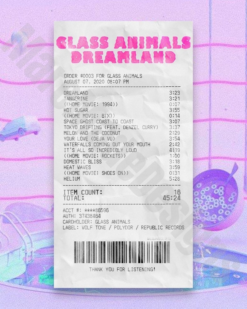 May include: A receipt for a concert by the band Glass Animals. The receipt lists the setlist for the concert, which includes songs like "Dreamland", "Tangerine", "Hot Sugar", and "Tokyo Drifting". The receipt also includes the total time of the concert, which is 45:24.