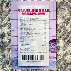 May include: A white receipt with pink and purple grid lines. The receipt is for a purchase of music from the band Glass Animals. The receipt lists the songs purchased, the length of each song, and the total cost of the purchase. The receipt also includes the store's name, address, and phone number.