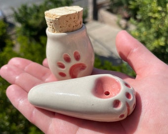 Cat Paw Pipe & Stash Jar Matching Set, Gift for Smoker - Unique Ceramic Pipes Pretty Gifts for Her Beautiful Gift Ideas