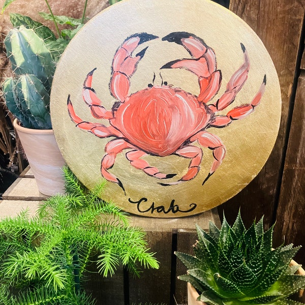 SOLD***Hand painted crab on round canvas with gold leaf***SOLD***