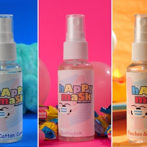 Discount Bundle Variety Pack Happy Face Mask Refresher Spray//Peaches and Cream//Bubblegum//Blue Cotton Candy//Scented Face Mask Spray