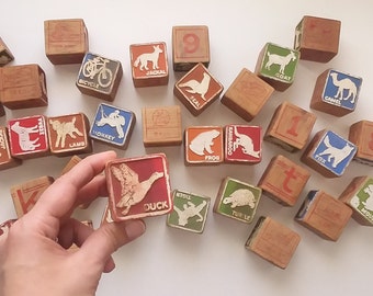 Vintage Wooden Alphabet/Numbers/Words/Animals Building Blocks ~ Set of 36 ~ Collectible