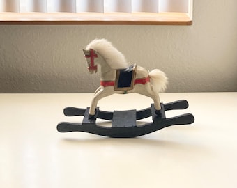 Vintage Decorative Wooden Rocking Small Horse w/Faux Fur Mane & Tail ~ Collectible