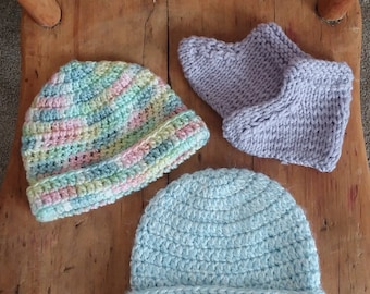 Vintage Crochet Handmade Baby Set ~ Baby Crochet Hats and Booties ~ 3 Pieces