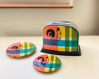 Vintage Metal Tin Toaster Rooster Toy and Dish Set of 4 Colorful Plates & 4 Saucers on Plaid Design ~ Collectible