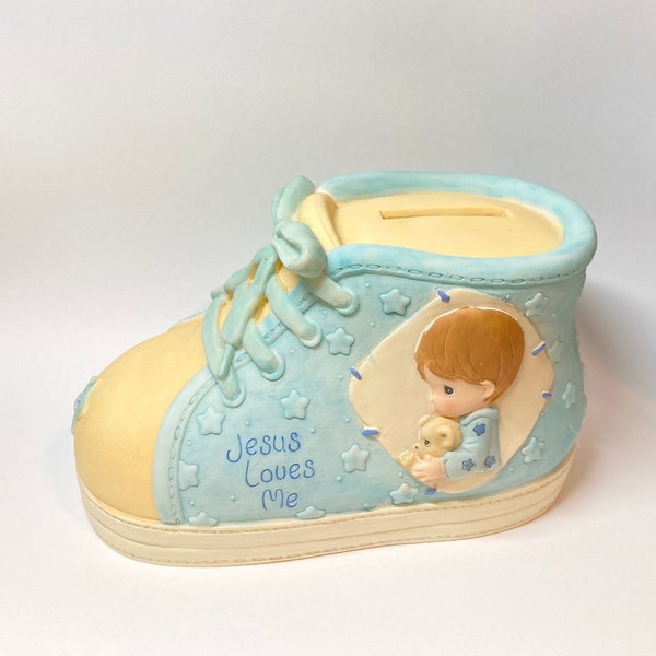 1999 Precious Moments "Jesus Loves Me" Blue Bootie Shoe Bank  ~ Collectible