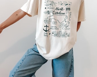 North Carolina Shirt | Comfort Colors Ivory Tee | Illustrated North Carolina Graphic T-Shirt | NC State Tee | Cozy College Outfit Gift