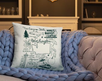 Washington State Illustrated Pillow | Washington Home Decor | PNW Throw Pillow | Evergreen State Art Pillow | Cozy State Gift