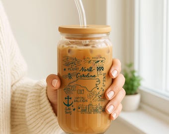 North Carolina Iced Coffee Sipper Glass, State Pride Drinkware, 16oz Souvenir Tumbler, Travel Cup, Gift for Coffee Lovers, NC Home State