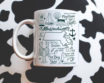 Massachusetts Illustrated Mug, Cute State Icons Coffee Cup, Trendy MA Symbols Tea Mug, 11oz Ceramic White