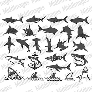 25 Shark SVG, shark silhouette, shark bundle, shark cricut, shark vinyl, shark hammerhead SVG, shark party, baby shark