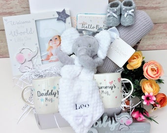 New Luxury Unisex Baby Hamper, Mummy and Daddy Mugs, Baby elephant theme, 30 milestone Cards, Baby gift, Baby shower gift, Pregnancy hamper