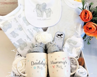 Luxury New Baby hamper, Unisex Baby gift, Baby Girl Gift, Baby Boy gift with Parents mugs, Deluxe Magnetic Gift Box, Baby Shower Gift