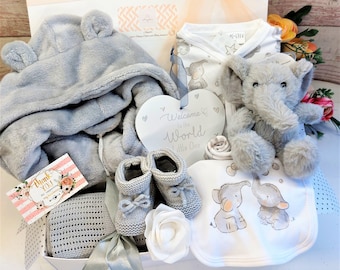 Luxury Unisex Baby Hamper, Elephant theme baby gift box, Baby gown ,Baby blanket, Baby shower gift, new parents gift, maternity leave