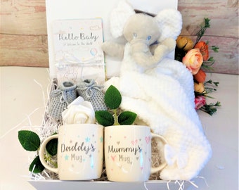 New Luxury Unisex Baby Hamper, Mummy and Daddy Mugs, Baby elephant theme, 30 milestone Cards, Baby gift, Baby shower gift, Pregnancy hamper