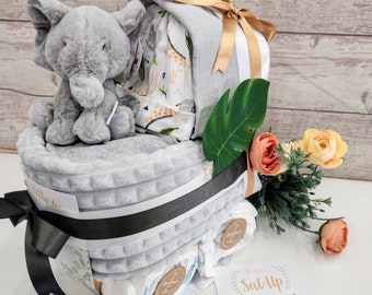 New Deluxe Unisex baby elephant pram nappy cake,with baby milestone cards, baby shower gift, unisex baby gift, mum to be gift, new parents