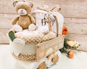 New Deluxe Unisex baby BEAR pram nappy cake, with baby milestone cards, baby shower gift, unisex baby gift, mum to be gift, new parents
