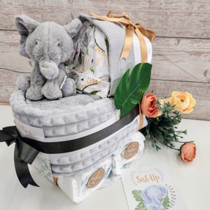 New Deluxe Unisex baby elephant pram nappy cake,with baby milestone cards, baby shower gift, unisex baby gift, mum to be gift, new parents
