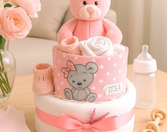 Pink Baby Girl Nappy  Cake with Teddy Bear,Handmade Baby Shower Gift, Newborn Present, Unique Baby Hamper, Maternity leave gift