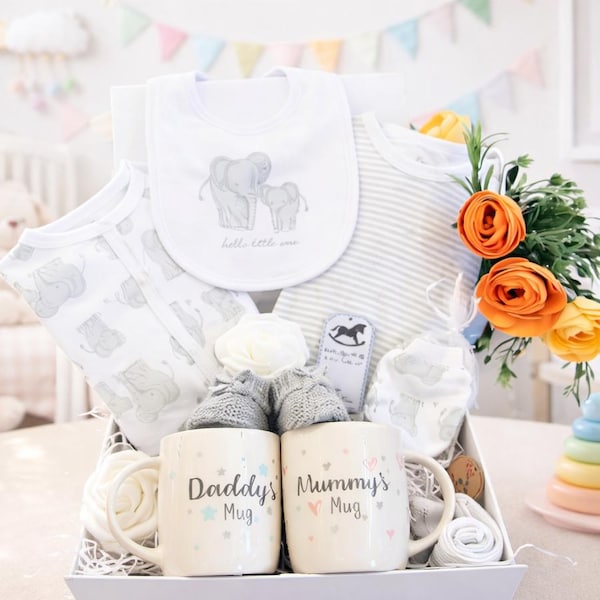 Luxury New Baby hamper, Unisex Baby gift, Baby Girl Gift, Baby Boy gift with Parents mugs, Deluxe Magnetic Gift Box, Baby Shower Gift