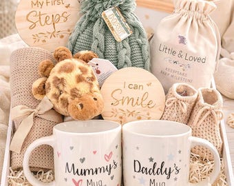 New Baby Gift Hamper | Baby Shower Gift Box | New Mum and Dad Mug Set | Neutral Baby Gift | Baby Milestone Set | Baby Keepsake Gift
