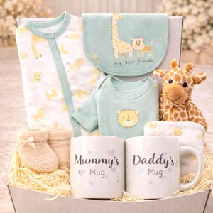Luxury New Baby hamper, Unisex Baby gift, Baby Girl Gift, Baby Boy gift with Parents mugs, Deluxe Magnetic Gift Box, Baby Shower Gift Summer Safari + toy