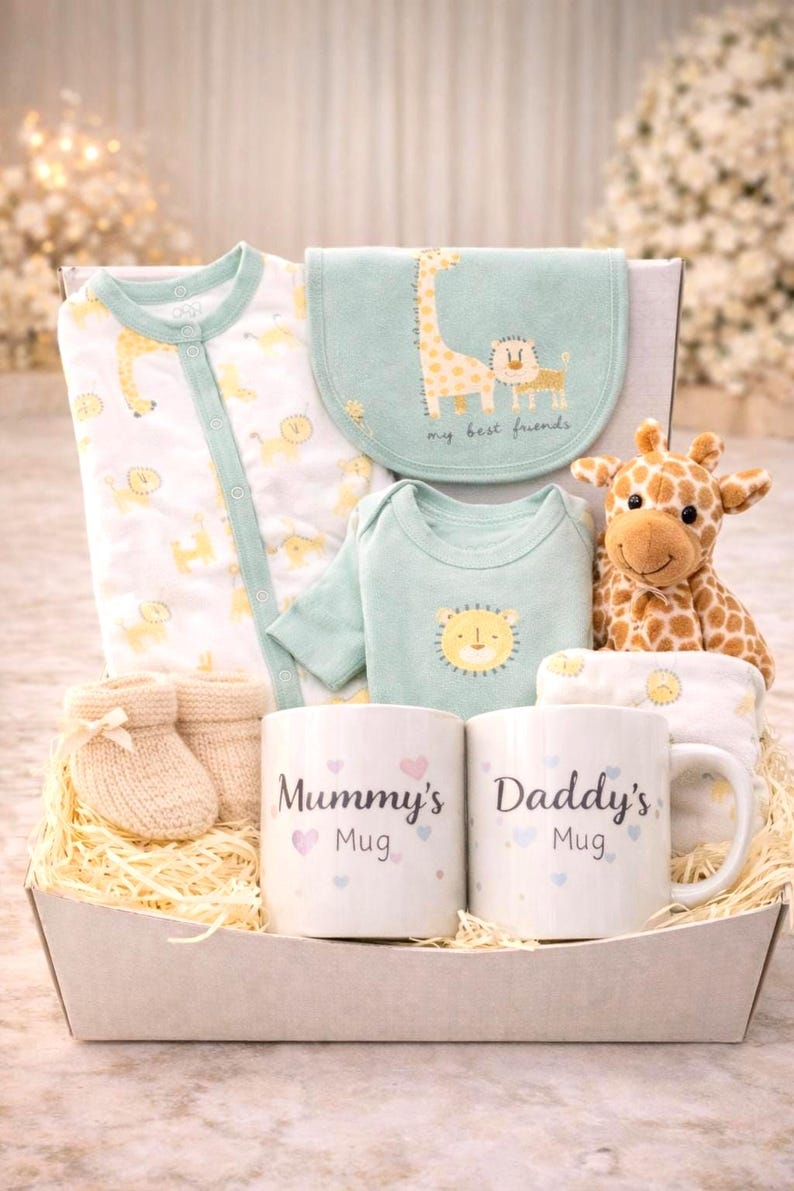 Luxury New Baby hamper, Unisex Baby gift, Baby Girl Gift, Baby Boy gift with Parents mugs, Deluxe Magnetic Gift Box, Baby Shower Gift Summer Safari + toy