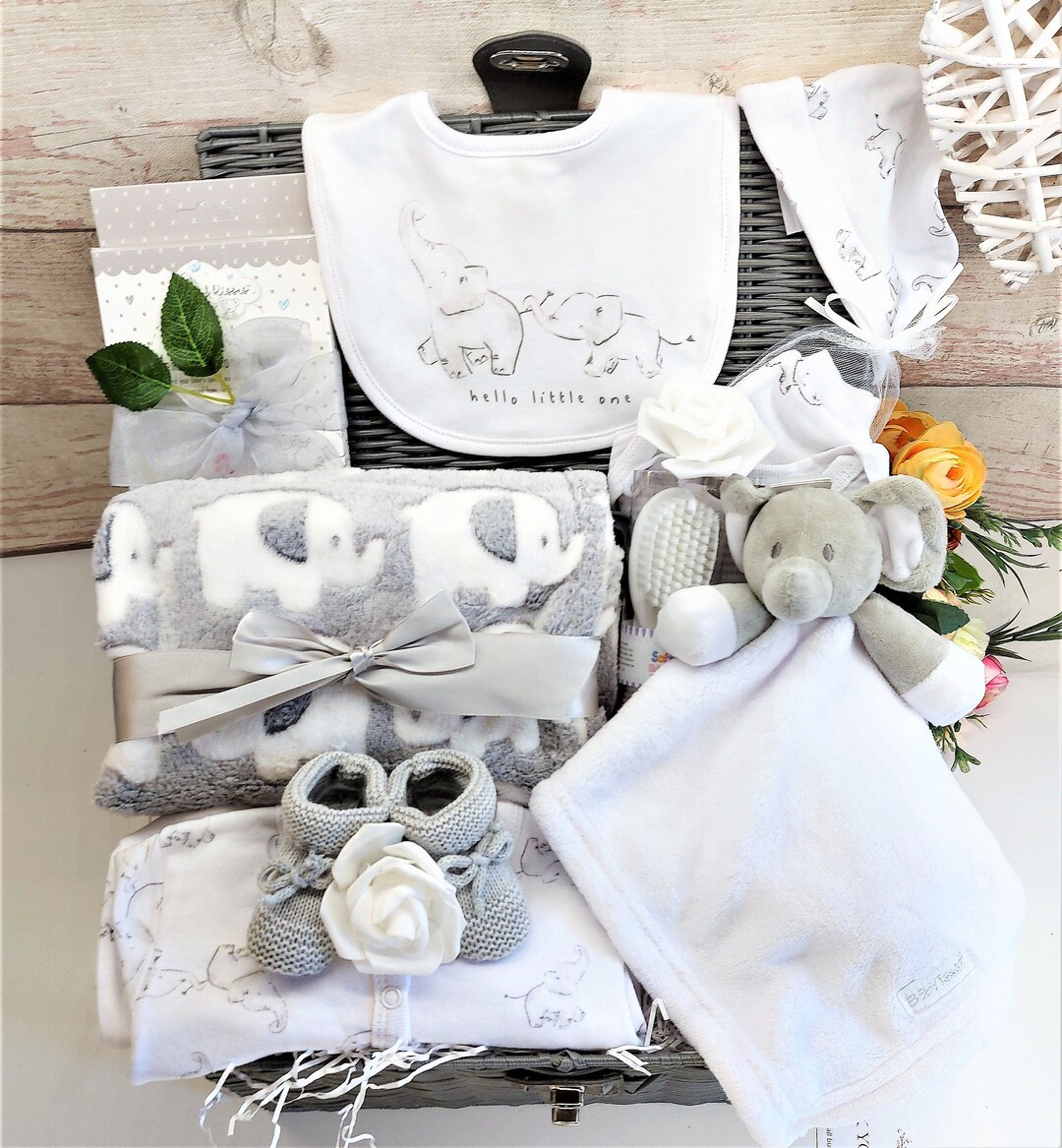 Elephant Baby Hamper: Luxury Unisex Gift Basket With Milestone Cards ...