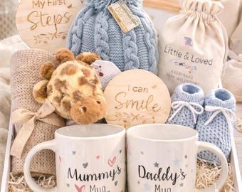 New Baby Gift Hamper | Baby Shower Gift Box | New Mum and Dad Mug Set |  Baby Boy Gift | Baby Milestone Set | Baby Keepsake Gift