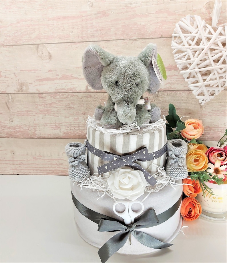 Nappy Cakes, Nappy Cake, Elephant theme, Unisex Baby hamper, Baby boy gift, Baby girl gift, Mum to be gift, Neutral baby shower gift, Gray