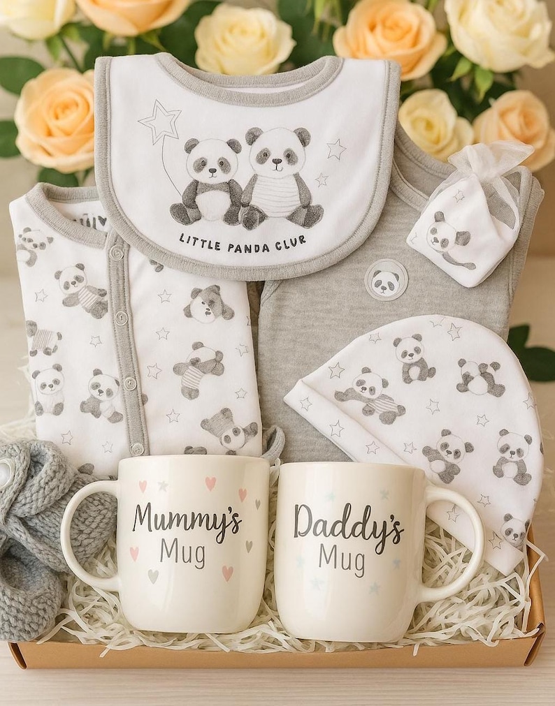 May include: A baby gift set with panda bear designs, including a bib, onesie, hat, and other items. The set includes two white mugs with the text "Mummy's Mug" and "Daddy's Mug". The items are presented in a gift box.
